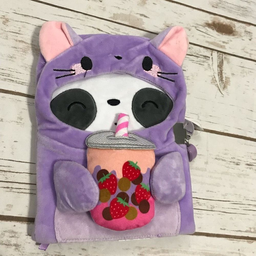 Claire's Panda Dressed as Purple Cat Mouse Diary Journal Lock Key Boba drink new